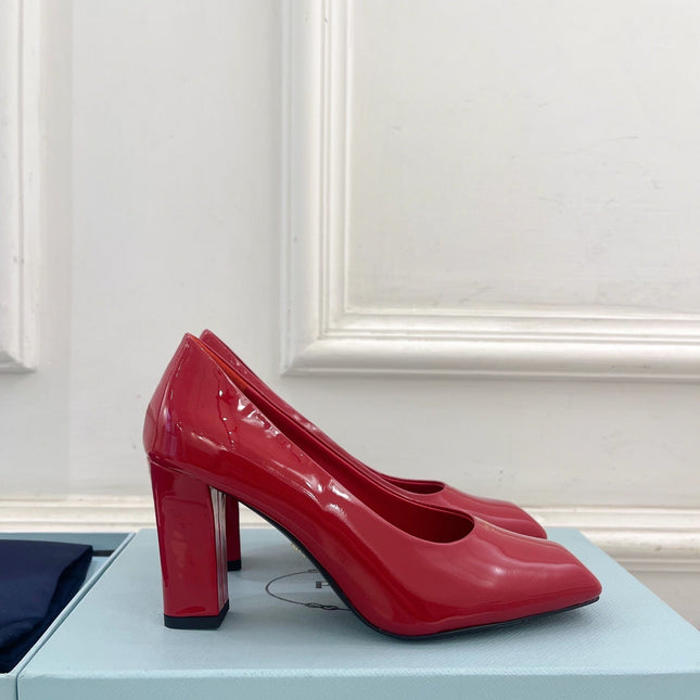 SQUARE TOE HIGH PUMPS IN CRIMSON RED GLOSSY CALFSKIN