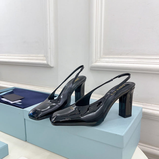 SQUARE TOE SLINGBACK PUMPS IN BLACK GLOSSY CALFSKIN