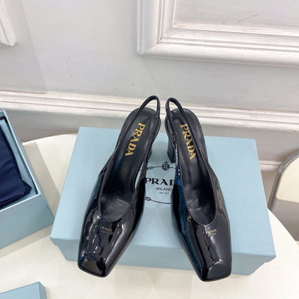 SQUARE TOE SLINGBACK PUMPS IN BLACK GLOSSY CALFSKIN