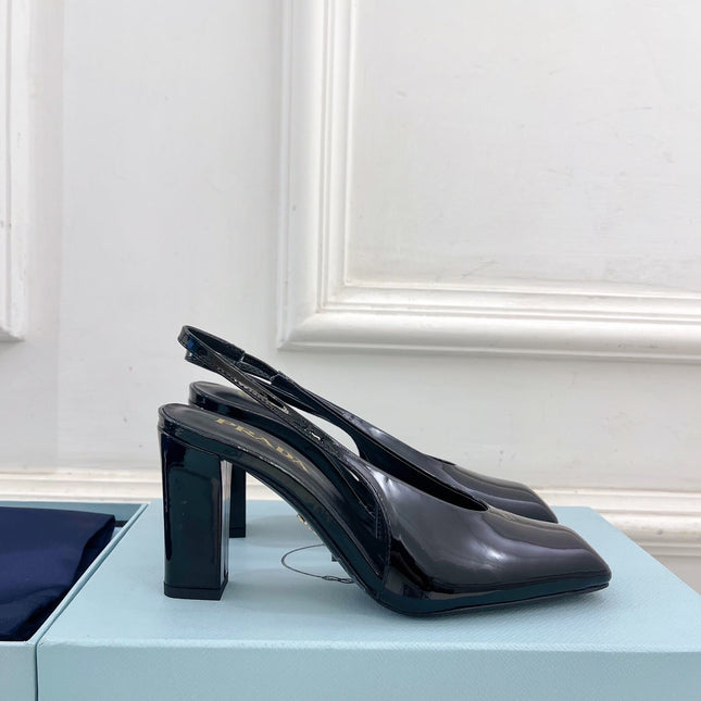 SQUARE TOE SLINGBACK PUMPS IN BLACK GLOSSY CALFSKIN
