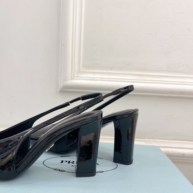 SQUARE TOE SLINGBACK PUMPS IN BLACK GLOSSY CALFSKIN