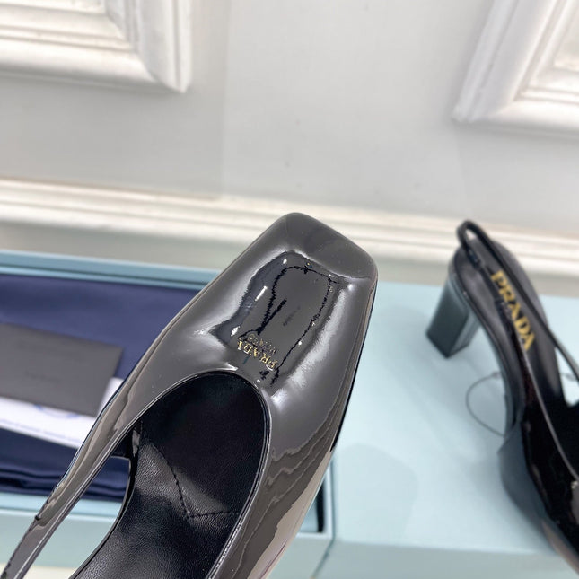 SQUARE TOE SLINGBACK PUMPS IN BLACK GLOSSY CALFSKIN