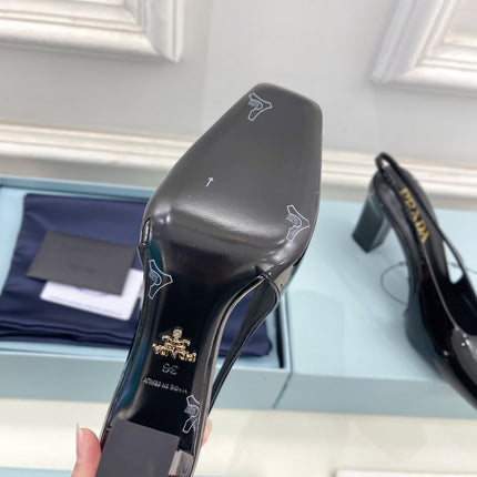 SQUARE TOE SLINGBACK PUMPS IN BLACK GLOSSY CALFSKIN