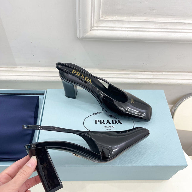 SQUARE TOE SLINGBACK PUMPS IN BLACK GLOSSY CALFSKIN