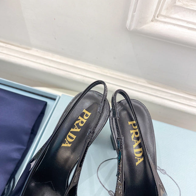 SQUARE TOE SLINGBACK PUMPS IN BLACK GLOSSY CALFSKIN