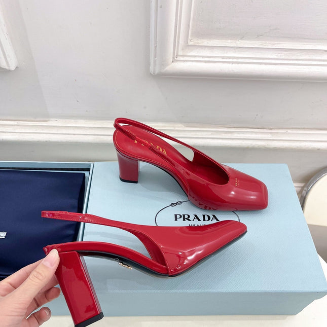 SQUARE TOE SLINGBACK PUMPS IN CRIMSON RED GLOSSY CALFSKIN