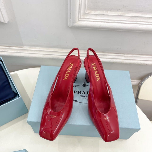 SQUARE TOE SLINGBACK PUMPS IN CRIMSON RED GLOSSY CALFSKIN