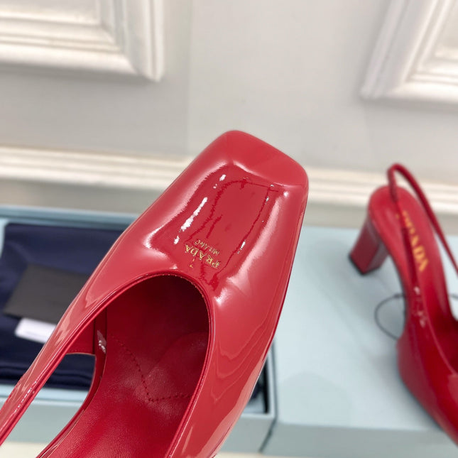 SQUARE TOE SLINGBACK PUMPS IN CRIMSON RED GLOSSY CALFSKIN