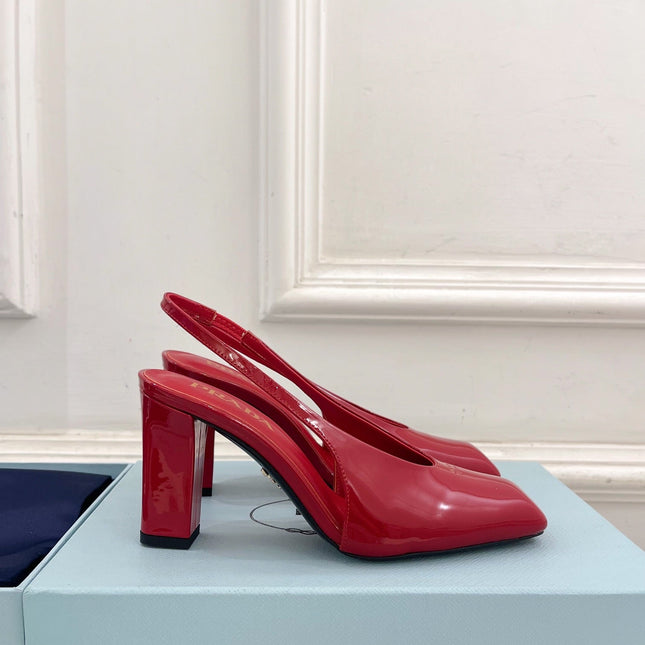 SQUARE TOE SLINGBACK PUMPS IN CRIMSON RED GLOSSY CALFSKIN