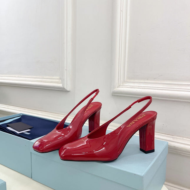 SQUARE TOE SLINGBACK PUMPS IN CRIMSON RED GLOSSY CALFSKIN