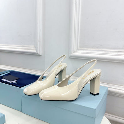 SQUARE TOE SLINGBACK PUMPS IN WHITE GLOSSY CALFSKIN