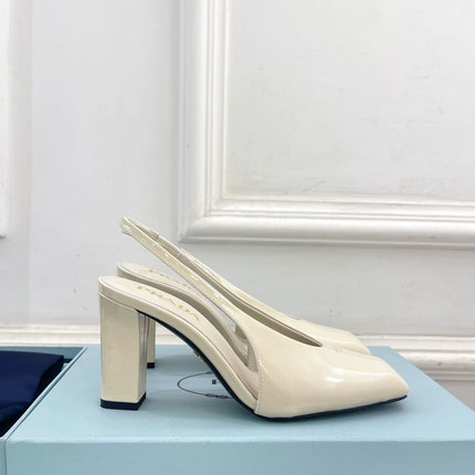 SQUARE TOE SLINGBACK PUMPS IN WHITE GLOSSY CALFSKIN