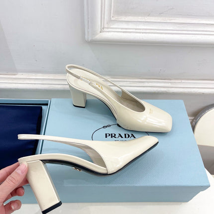 SQUARE TOE SLINGBACK PUMPS IN WHITE GLOSSY CALFSKIN