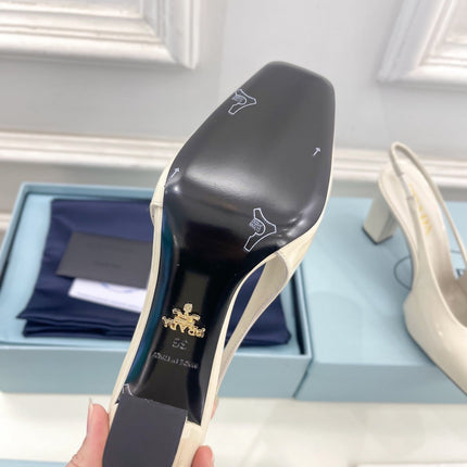 SQUARE TOE SLINGBACK PUMPS IN WHITE GLOSSY CALFSKIN