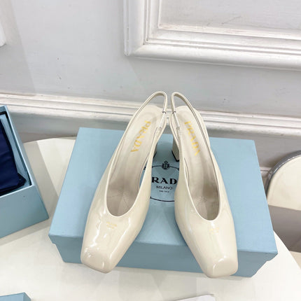 SQUARE TOE SLINGBACK PUMPS IN WHITE GLOSSY CALFSKIN