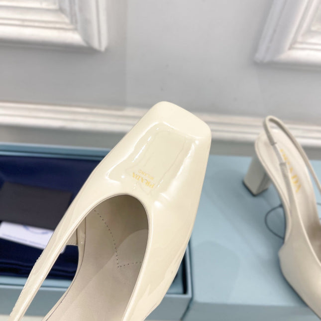 SQUARE TOE SLINGBACK PUMPS IN WHITE GLOSSY CALFSKIN