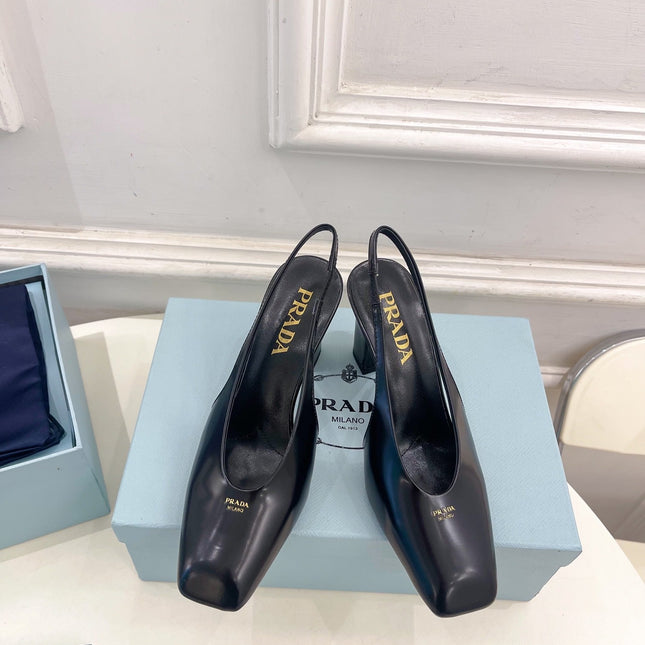 SQUARE TOE SLINGBACK PUMPS IN BLACK SMOOTH LAMBSKIN