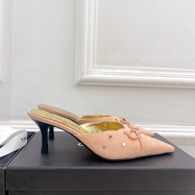 HIGH 65 MM MULE IN PEACH PINK SUEDE