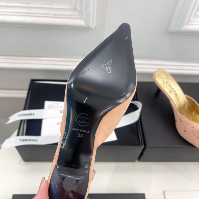 HIGH 65 MM MULE IN PEACH PINK SUEDE