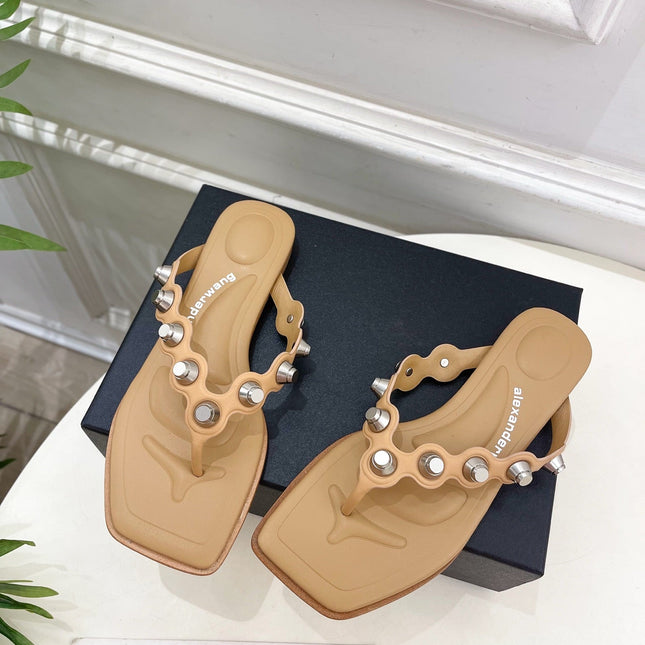 RHODES STUDDED THONG SANDALS IN BROWN CALFSKIN