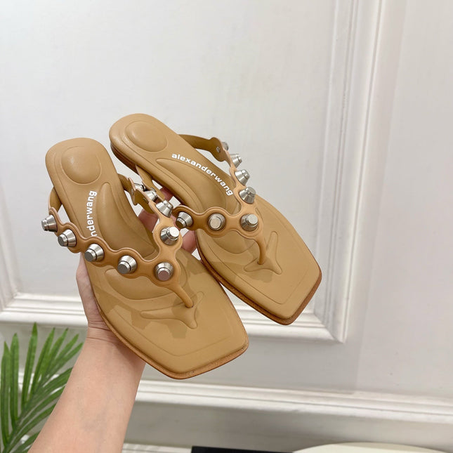RHODES STUDDED THONG SANDALS IN BROWN CALFSKIN