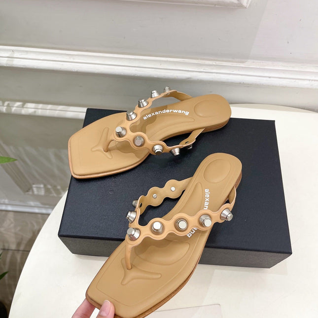 RHODES STUDDED THONG SANDALS IN BROWN CALFSKIN