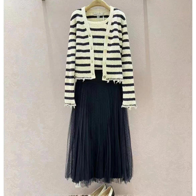 Striped knitted Beige Black Cardigan