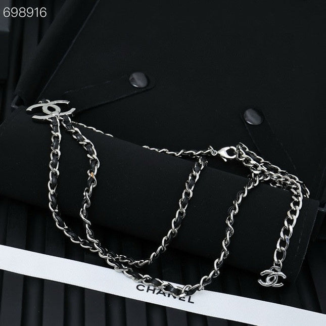 NECKLACE DOUBLE C IN BLUE DENIM BLACK SILVER TWO-LAYER