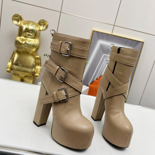 SL ANKLE BUCKLE BOOT PLATFORM TAN CALFSKIN