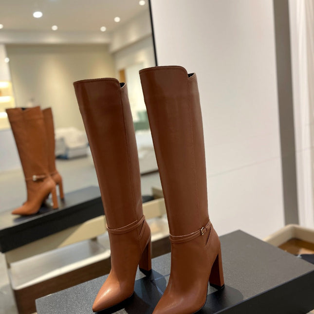 YSL 25S HIGH-HEEL KNEE-HIGH BOOTS 95 MM IN RUST BROWN LAMBSKIN