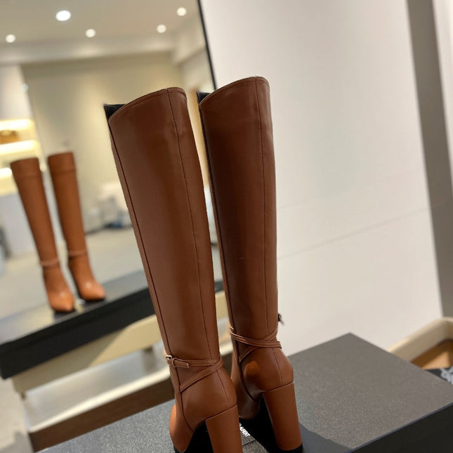 YSL 25S HIGH-HEEL KNEE-HIGH BOOTS 95 MM IN RUST BROWN LAMBSKIN