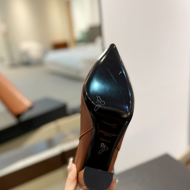 YSL 25S HIGH-HEEL KNEE-HIGH BOOTS 95 MM IN RUST BROWN LAMBSKIN