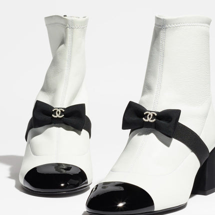 short boots white black stretch lambskin & patent calfskin