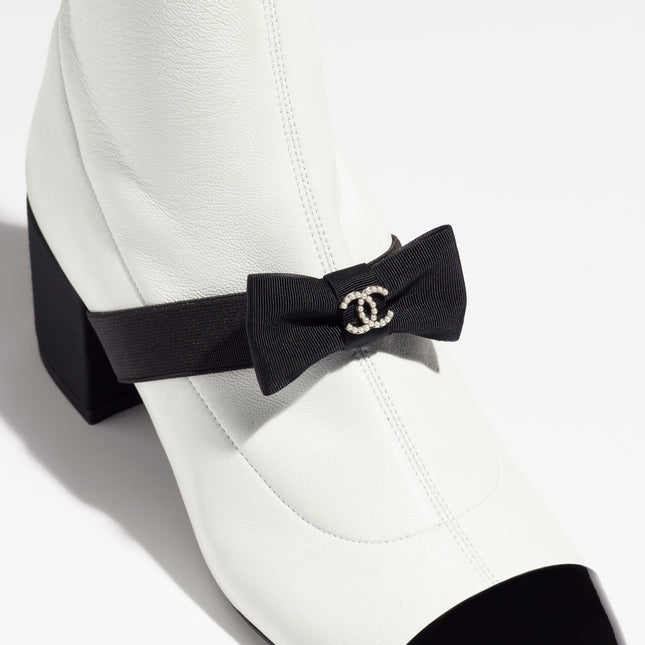 short boots white black stretch lambskin & patent calfskin