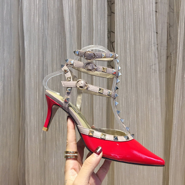 ROCKSTUD CAGED PUMP 65MM IN RUBY RED MIX LIGHT PINK PATENT CALFSKIN