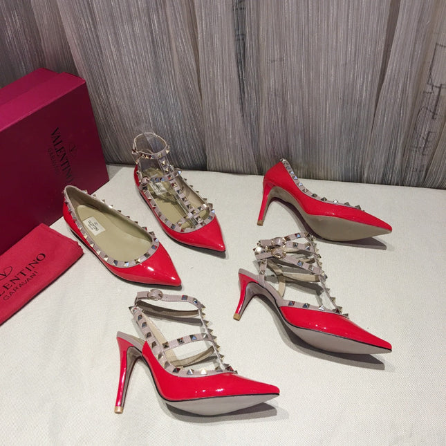 ROCKSTUD CAGED PUMP 65MM IN RUBY RED MIX LIGHT PINK PATENT CALFSKIN