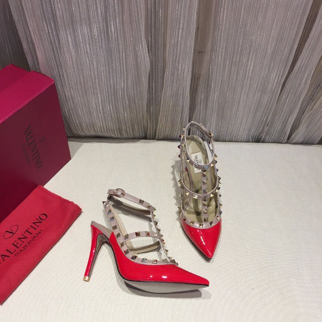 ROCKSTUD CAGED HIGH PUMP IN CHERRY RED MIX LIGHT PINK PATENT CALFSKIN 100 MM