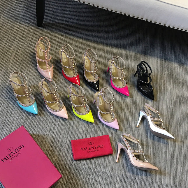 ROCKSTUD CAGED HIGH PUMP IN BLACK MIX LIGHT PINK PATENT CALFSKIN 100 MM