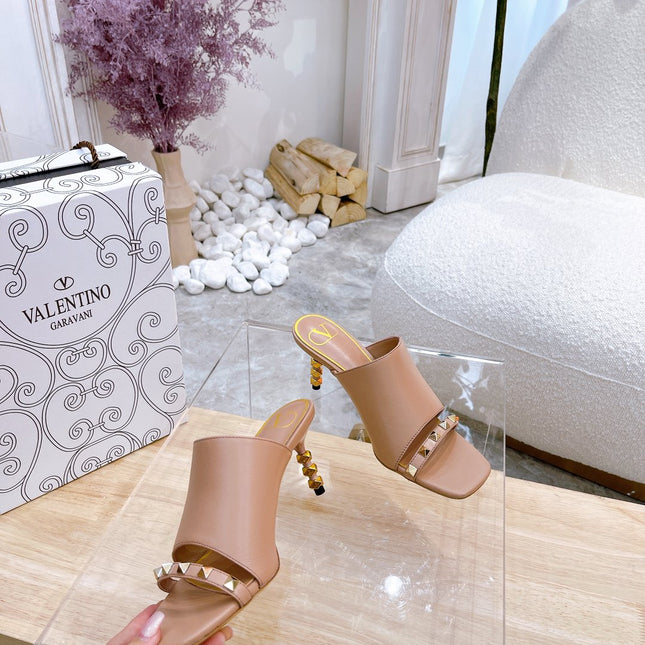 ROCKSTUD TOWER-HEEL MULES IN BRONZE BROWN CALFSKIN 7 CM