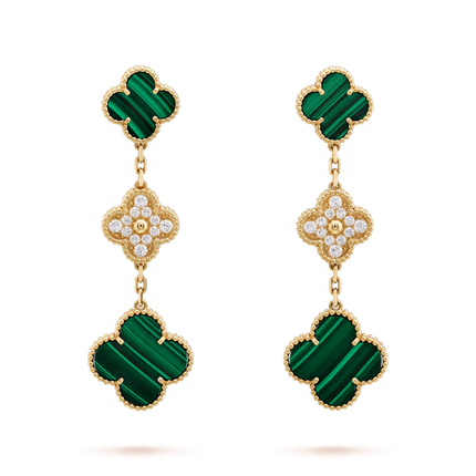 CLOVER EARRINGS GOLD MALACHITE DIAMOND 3 MOTIF
