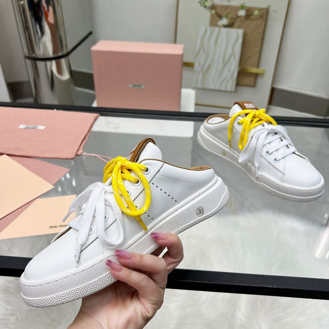 SNEAKER MULES IN WHITE MIX BROWN CALFSKIN WHITE  YELLOW LACES