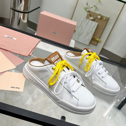 SNEAKER MULES IN WHITE MIX BROWN CALFSKIN WHITE  YELLOW LACES
