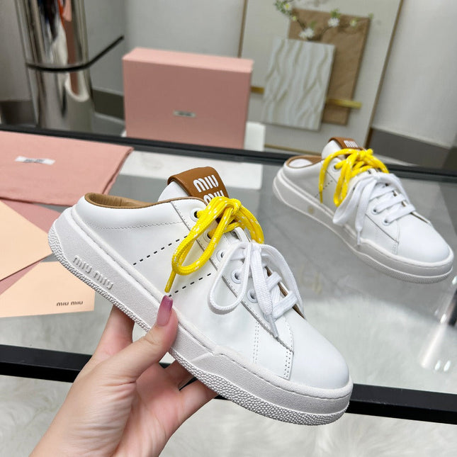 SNEAKER MULES IN WHITE MIX BROWN CALFSKIN WHITE  YELLOW LACES