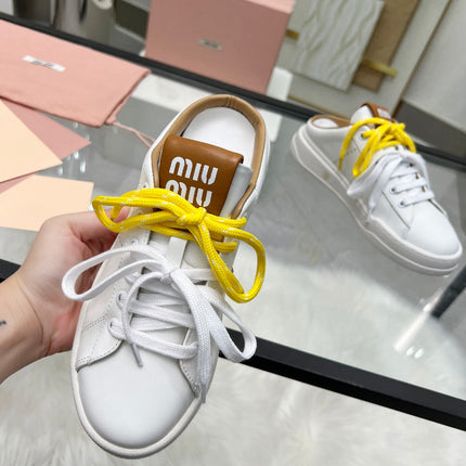 SNEAKER MULES IN WHITE MIX BROWN CALFSKIN WHITE  YELLOW LACES