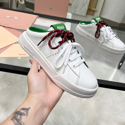 SNEAKER MULES IN WHITE MIX GREEN CALFSKIN WHITE RED LACES