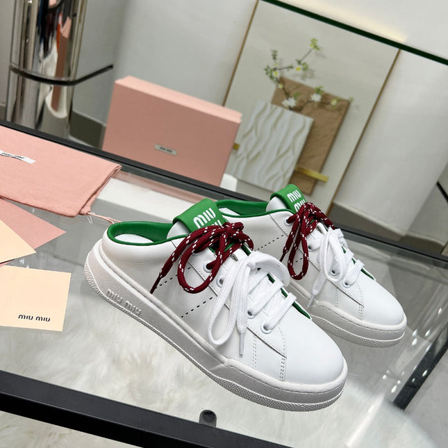 SNEAKER MULES IN WHITE MIX GREEN CALFSKIN WHITE RED LACES