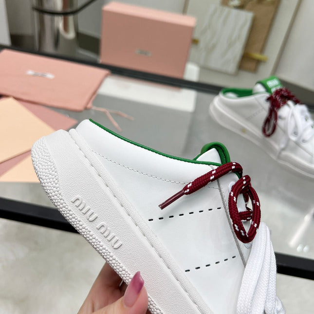 SNEAKER MULES IN WHITE MIX GREEN CALFSKIN WHITE RED LACES