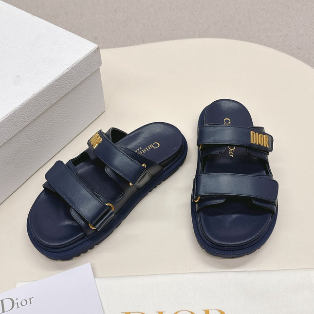 DIOR CLASSIC DOUBLE-STRAP SLIDES 25S IN MIDNIGHT BLUE CALFSKIN