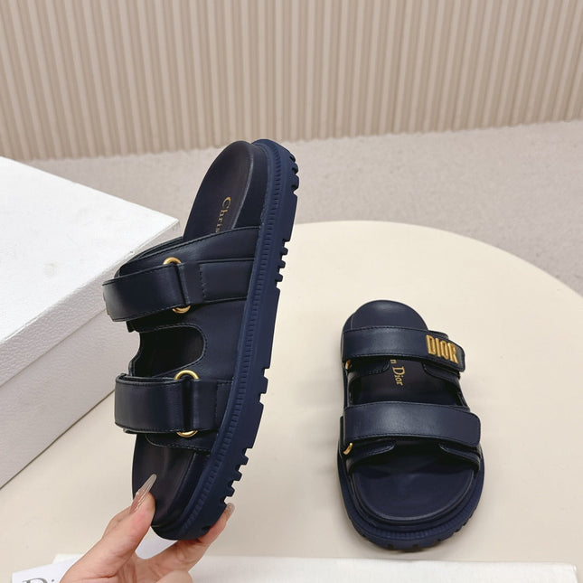 DIOR CLASSIC DOUBLE-STRAP SLIDES 25S IN MIDNIGHT BLUE CALFSKIN