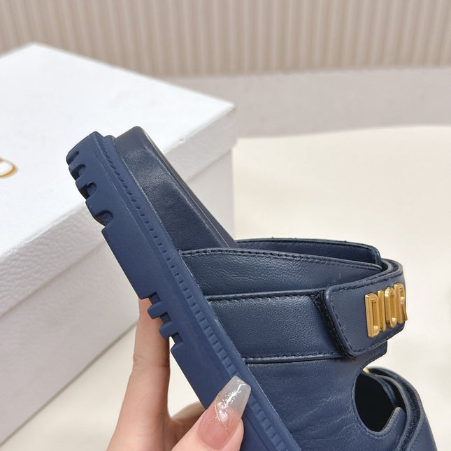 DIOR CLASSIC DOUBLE-STRAP SLIDES 25S IN MIDNIGHT BLUE CALFSKIN
